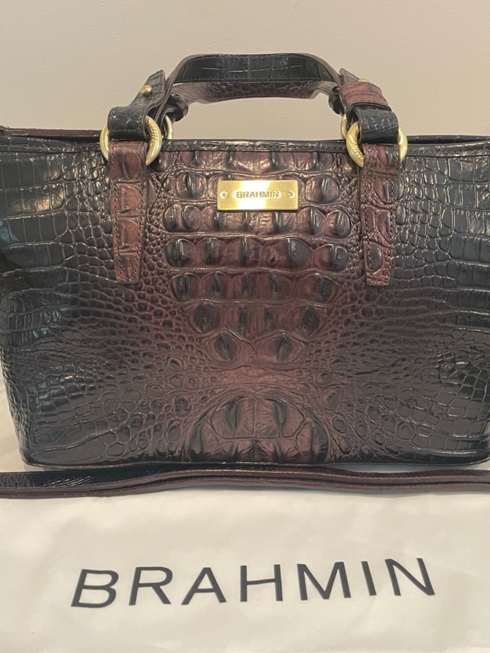 Brahmin Mini Asher Cocoa Melbourne Brown Croc-Embossed Leather Satchel